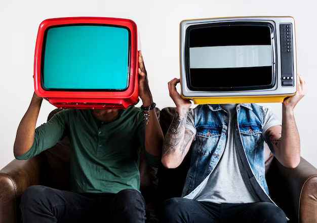 Two men holding televisions in front of their faces