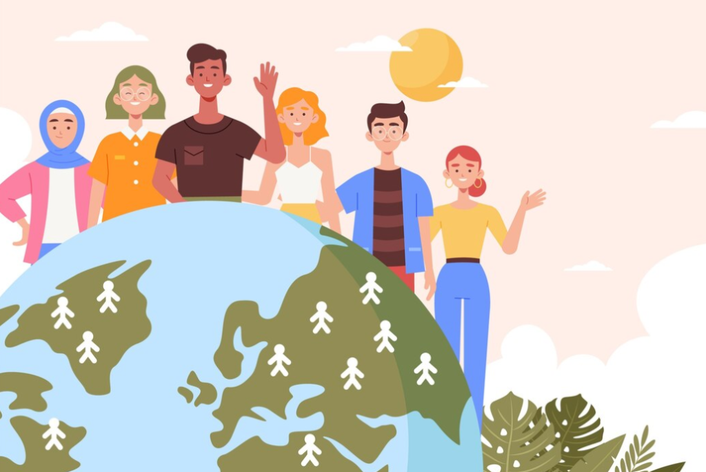 Diverse group of people stand together around a globe under a sunny sky