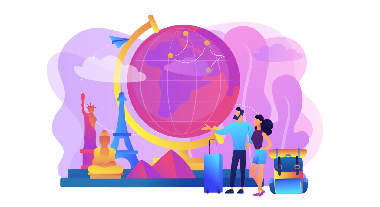 man and woman with suitcases, the globe above them, Eiffel Tower, statue of Liberty