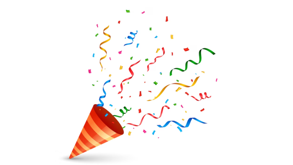 A striped party popper explodes with colorful confetti and streamers on a white background