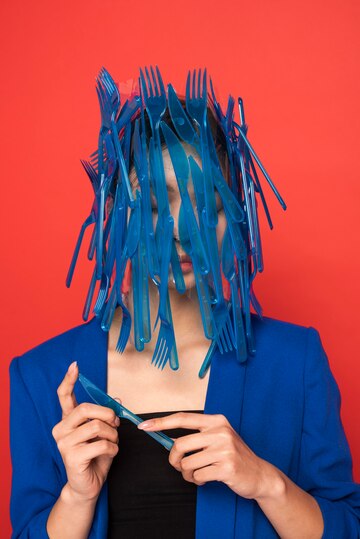 a young woman with a creative headgear made of blue-colored plastic knives and forks