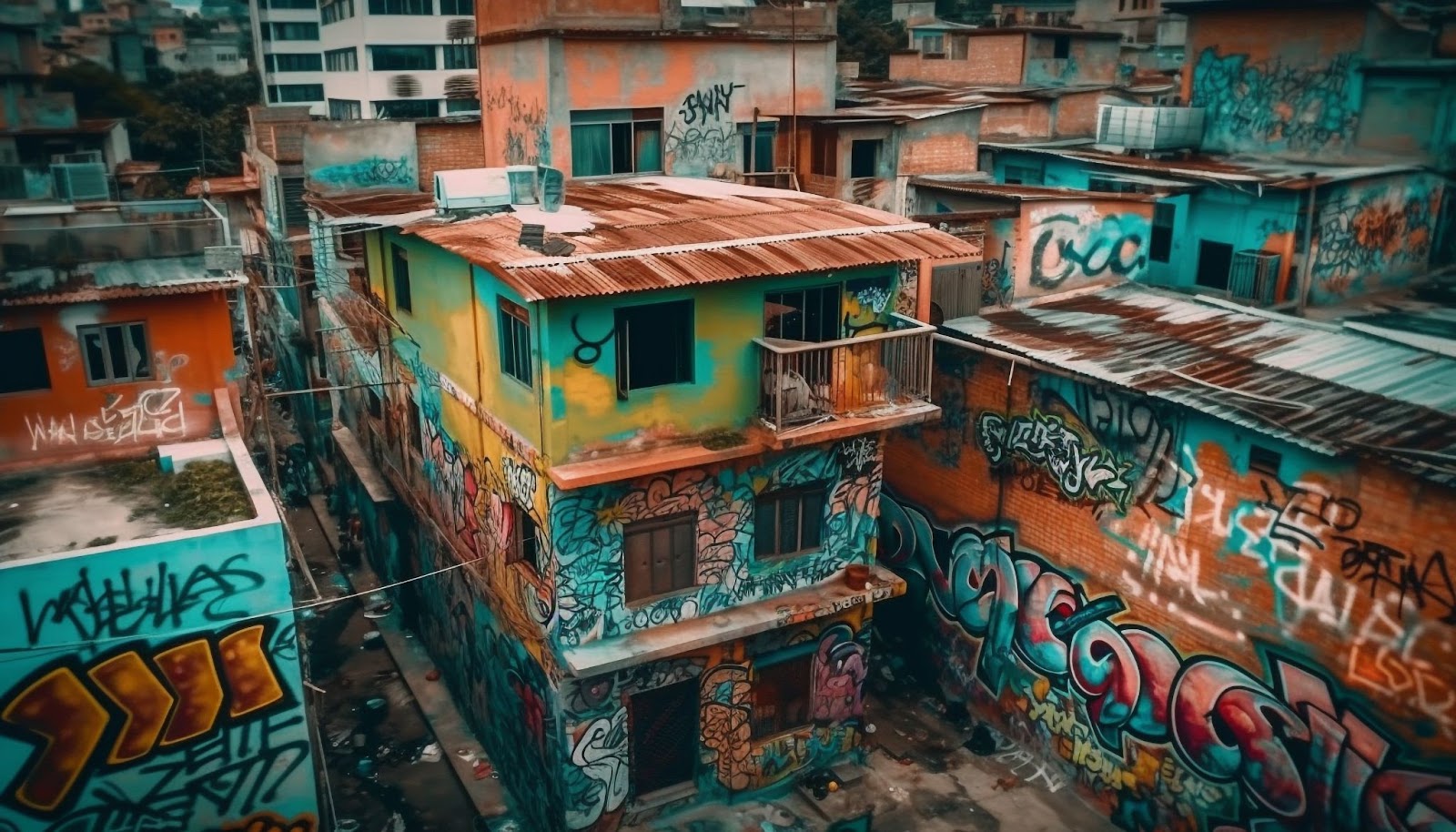 Old buildings with graffiti on it