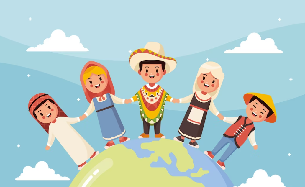 Children in traditional outfits circle a globe, smiling under a blue sky