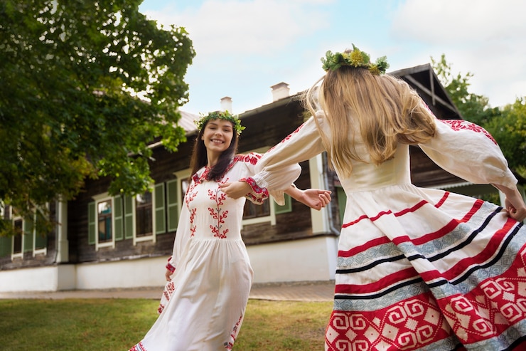 two young women dancing in embroidered dresses