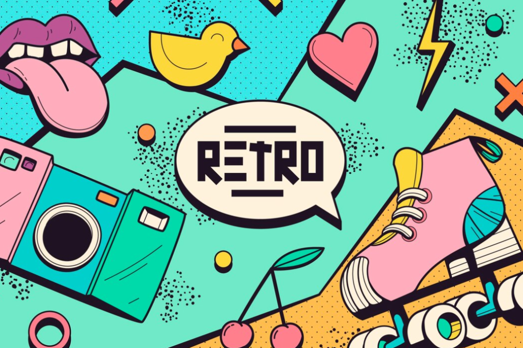 collage of pictures, the retro word, lips, duck, heart and photo camera