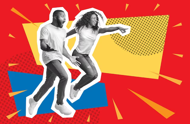 Man and woman in the form of stickers on a red background
