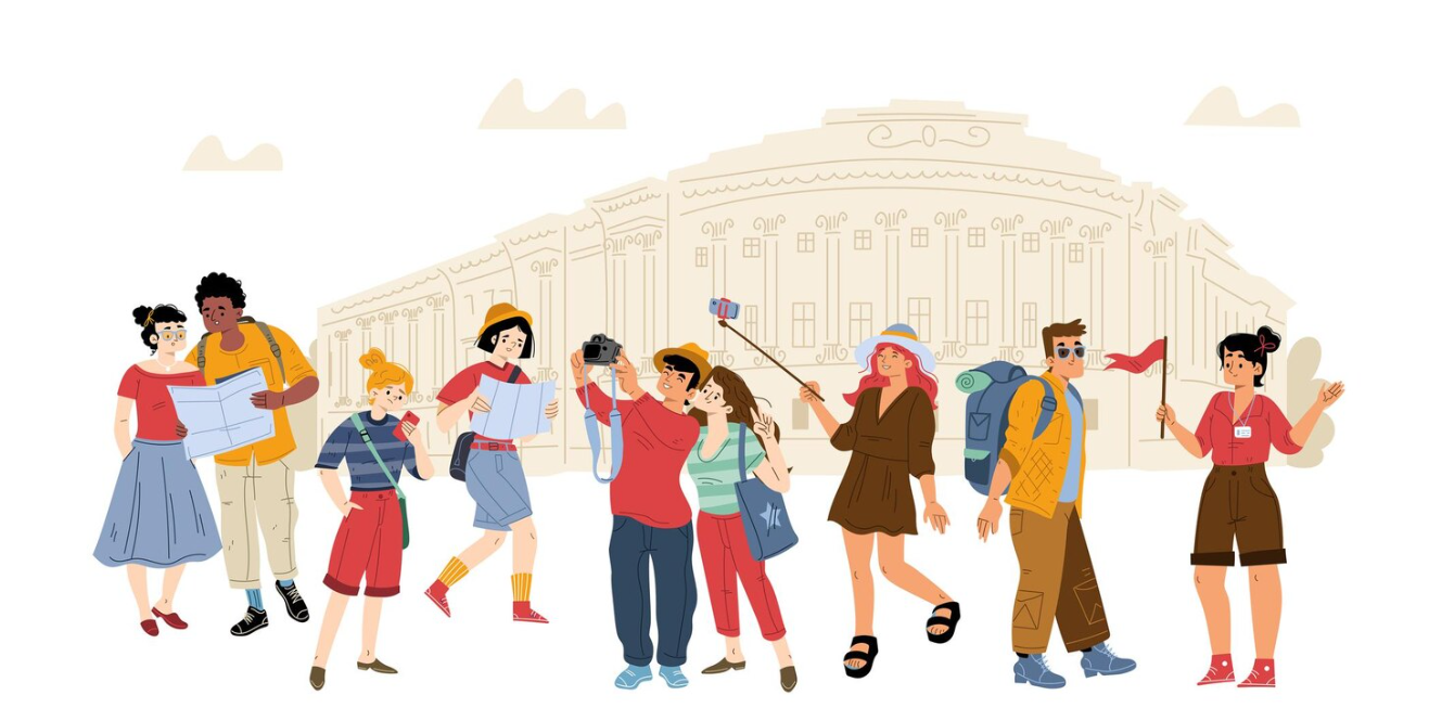 Tourists explore a city, capturing moments and studying maps, with a guide waving a red flag