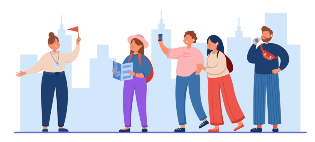 people standing with devices and map, the city background behind